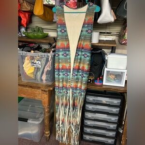 Crazy Train Southwestern Aztec Print Fringe Duster Length Silver Stud Detail